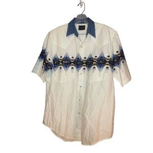 Plains Western Wear Button Up Shirt Mens Medium Aztec Short Sleeve Pearl Snap G4